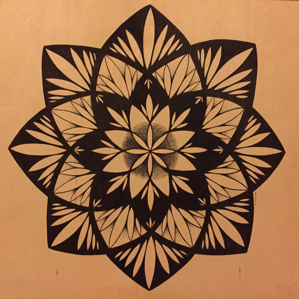 lotus rising black and white on wood mandala