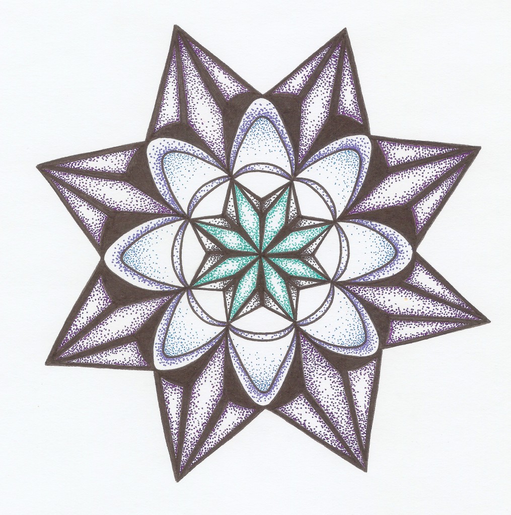 sci-fi angular glowing green blue and purple mandala