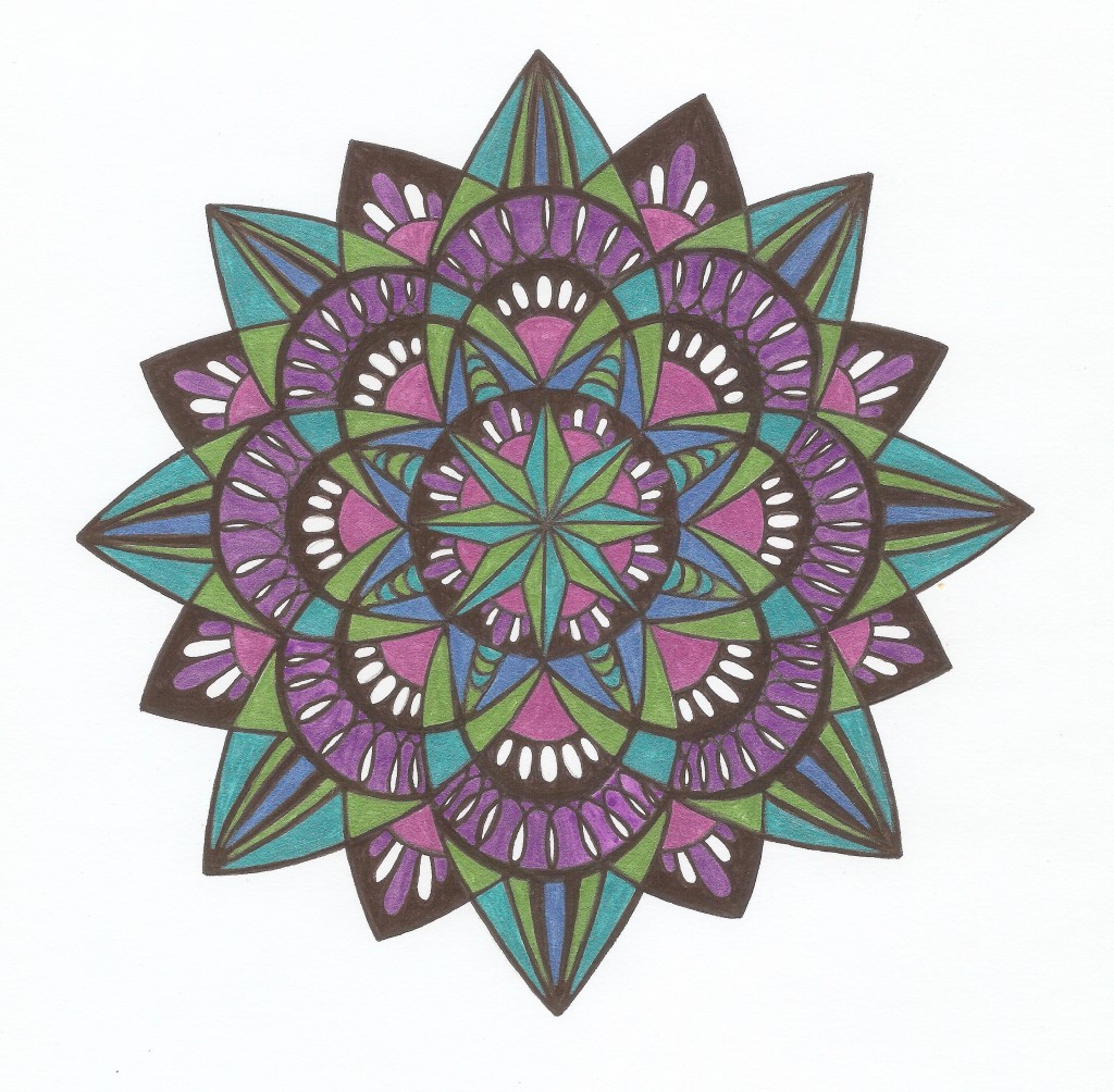 spiral metallic blue green pink and purple mandala