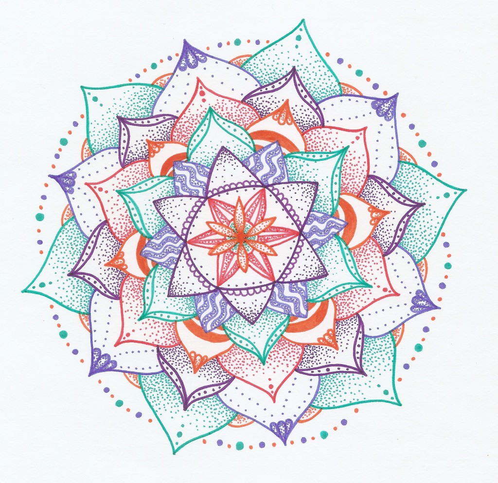 zig zag purple orange and green mandala