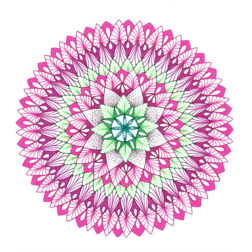 Early Spring pink and green mandala drawing