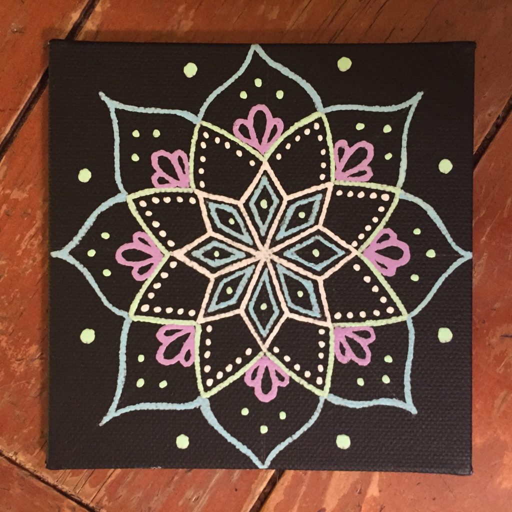 Mini-canvas magnet mandala in black, white, pink and blue