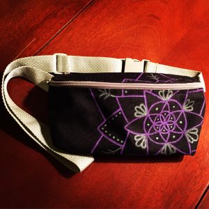 Purple and grey hand drawn mandala on black fanny pack