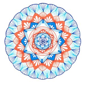 blue and orange mandala drawing
