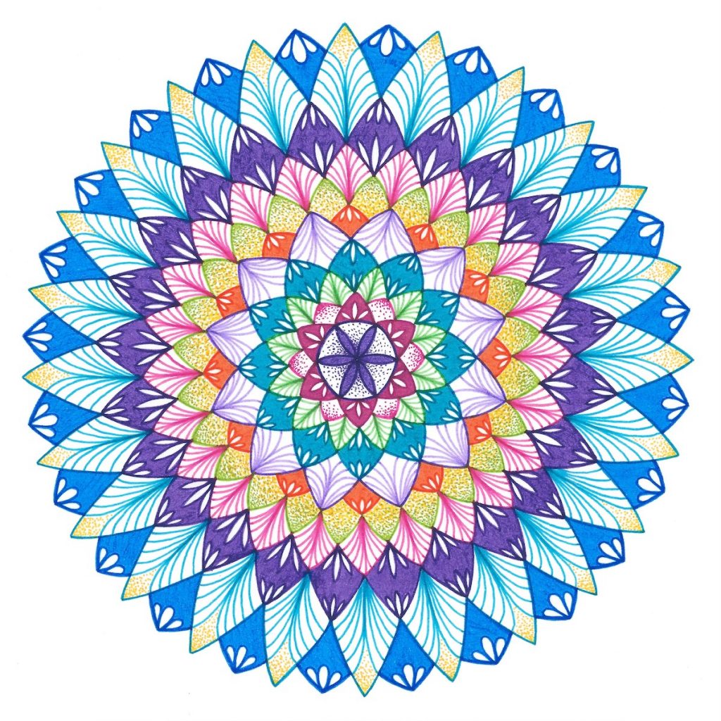 variety of colored ink pen mandala drawing