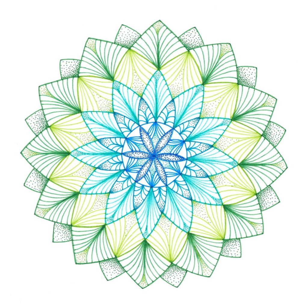 green and blue ink pen mandala drawing