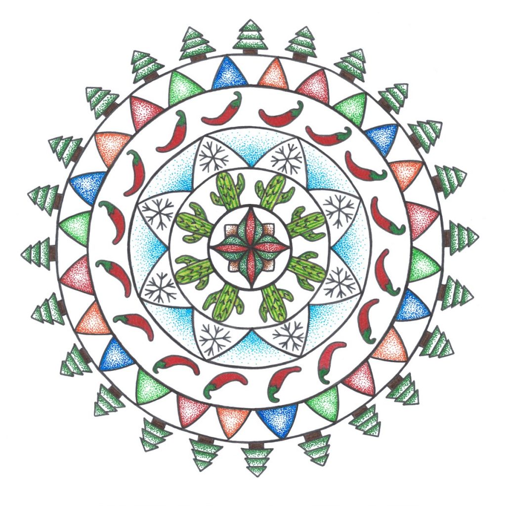 multi-colored ink pen mandala drawing