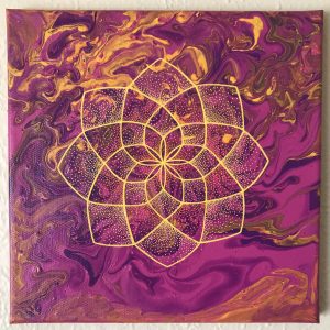 pink, purple, orange and yellow acrylic and oil painting on 12 x 12 canvas