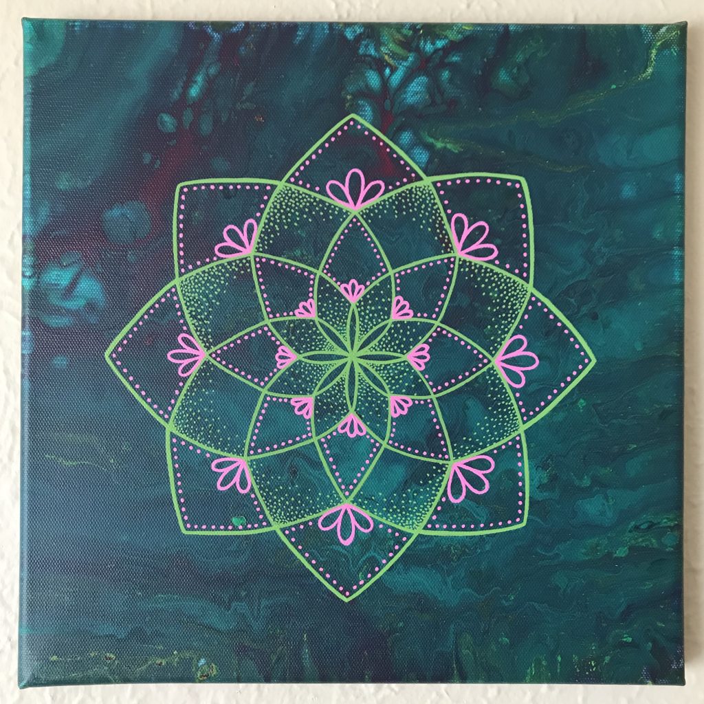 green, teal and pink acrylic and oil painting on 12 x 12 canvas