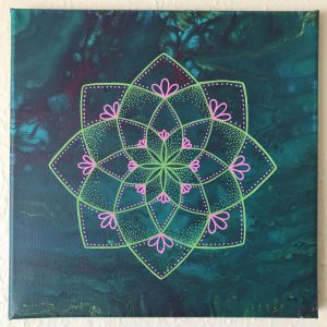 green, teal and pink acrylic and oil painting on 12 x 12 canvas