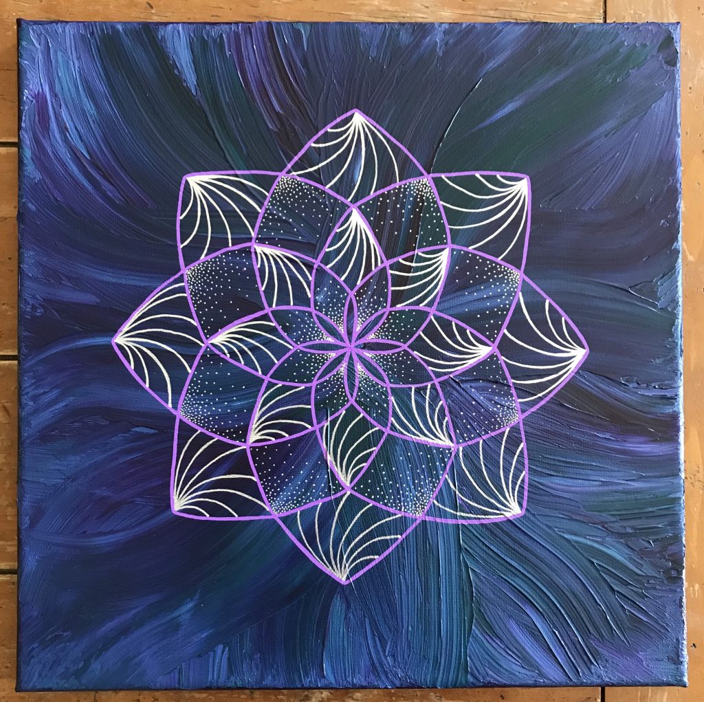 purple, blue, green and silver acrylic and oil painting on 12 x 12 canvas
