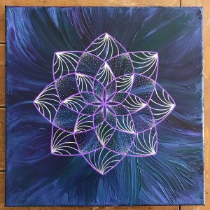 purple, blue, green and silver acrylic and oil painting on 12 x 12 canvas