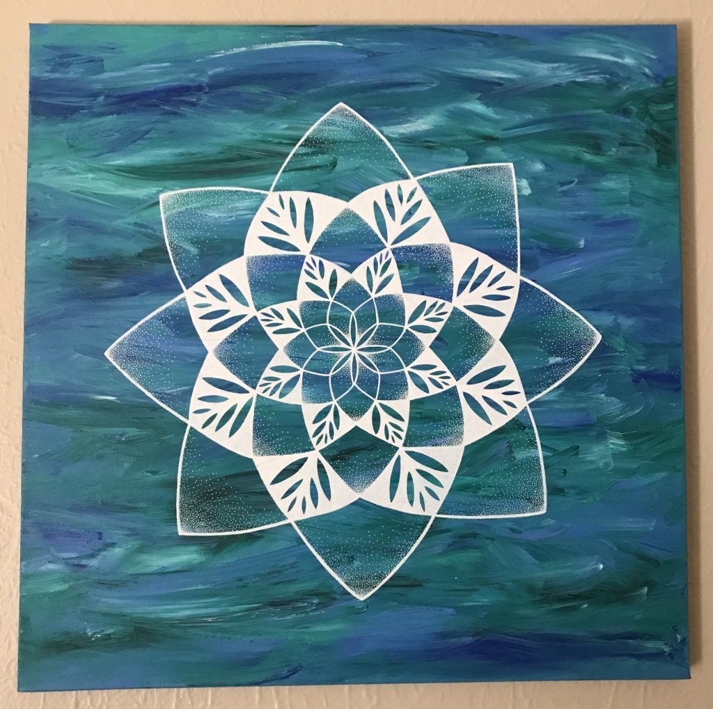 blue, teal and white acrylic and oil painting on 20 x 20 canvas