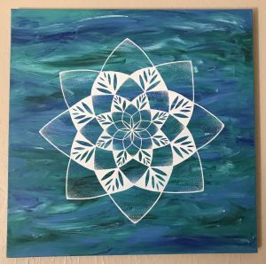 blue, teal and white acrylic and oil painting on 20 x 20 canvas