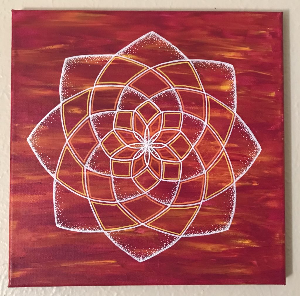 red, orange and white acrylic and oil painting on 12 x 12 canvas