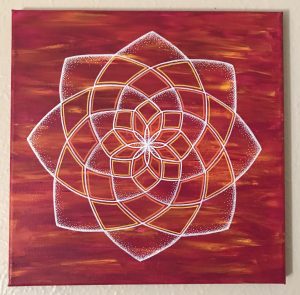 red, orange and white acrylic and oil painting on 12 x 12 canvas