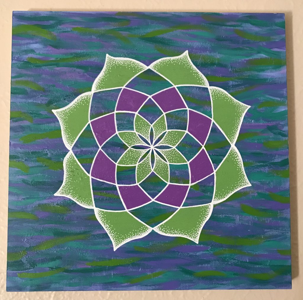 purple, green and blue acrylic and oil painting on 12 x 12 wooden panel