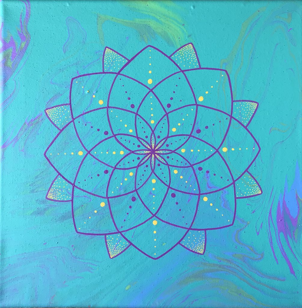 teal, pink and yellow acrylic mandala painting on 12 x 12 canvas