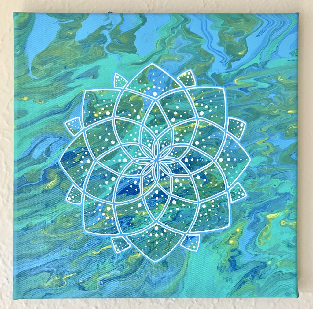 blue, green and yellow acrylic mandala painting on 12 x 12 canvas