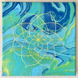 teal, green, blue and yellow acrylic mandala painting on a 12 x 12 canvas