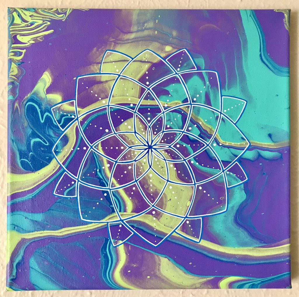 purple, teal, blue and green-yellow acrylic mandala painting on 12 x 12 canvas
