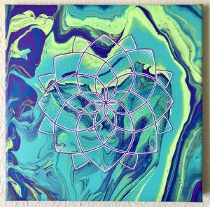 purple, teal and yellow-green acrylic mandala painting on 12 x 12 canvas