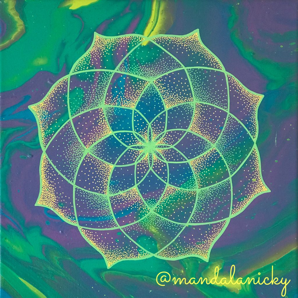 acrylic mandala painting on canvas in blue, green, purple and yellow