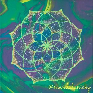 acrylic mandala painting on canvas in blue, green, purple and yellow