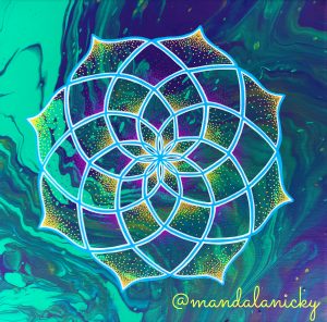 acrylic mandala painting in green and purple