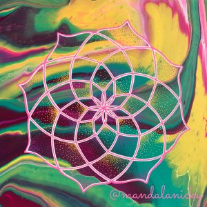 acrylic mandala painting on canvas in blue, green, pink and yellow