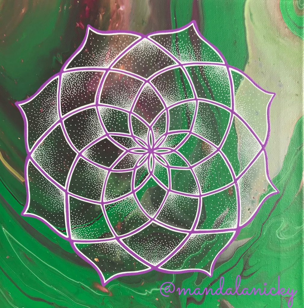 acrylic mandala painting in green, purple and grey