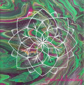 acrylic mandala painting on canvas in green, purple and pink