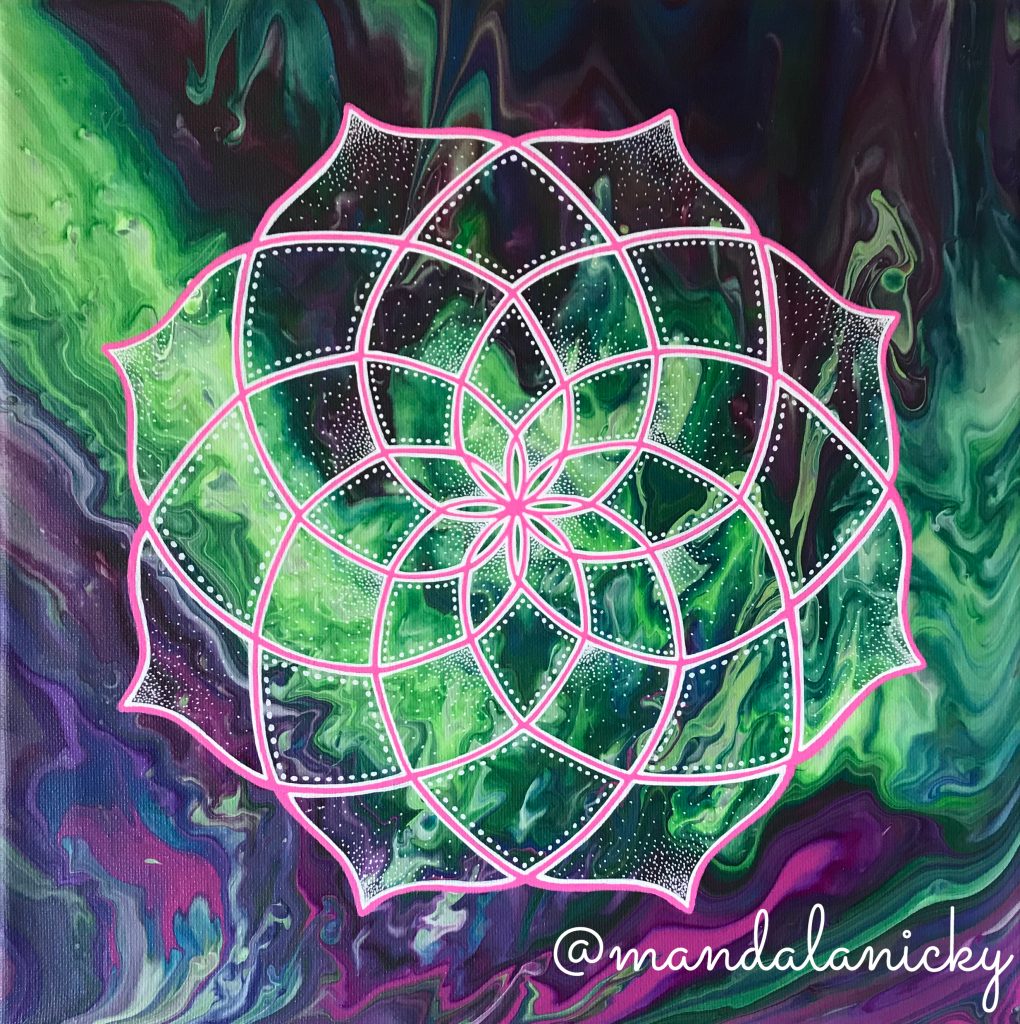 acrylic mandala painting on canvas in green and purple