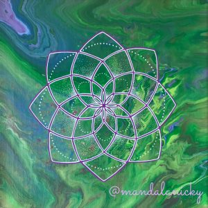 acrylic mandala painting on canvas in green and purple