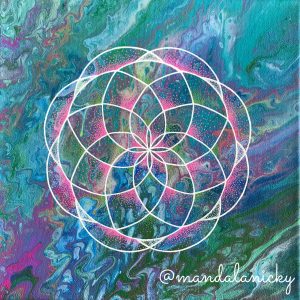 acrylic painting on canvas in blue, green and pink