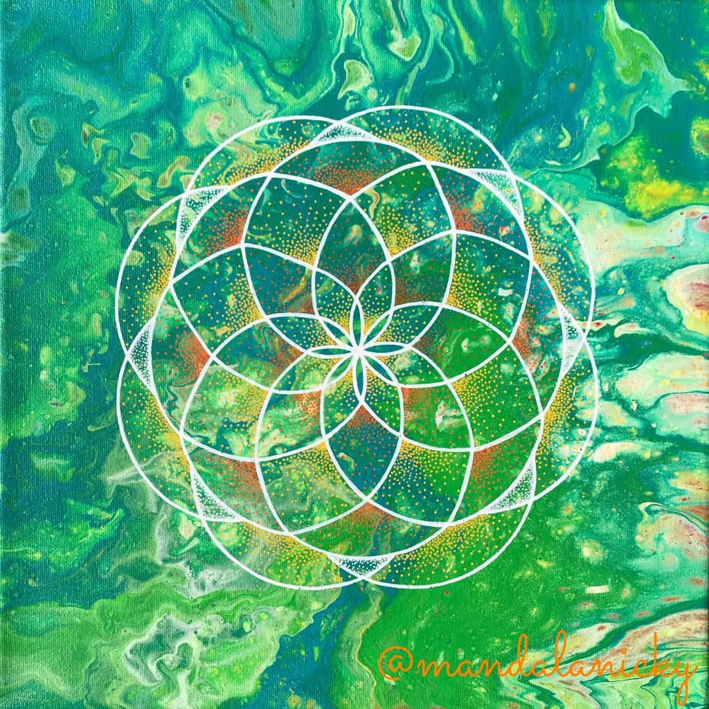 acrylic mandala painting on canvas in green, orange and yellow