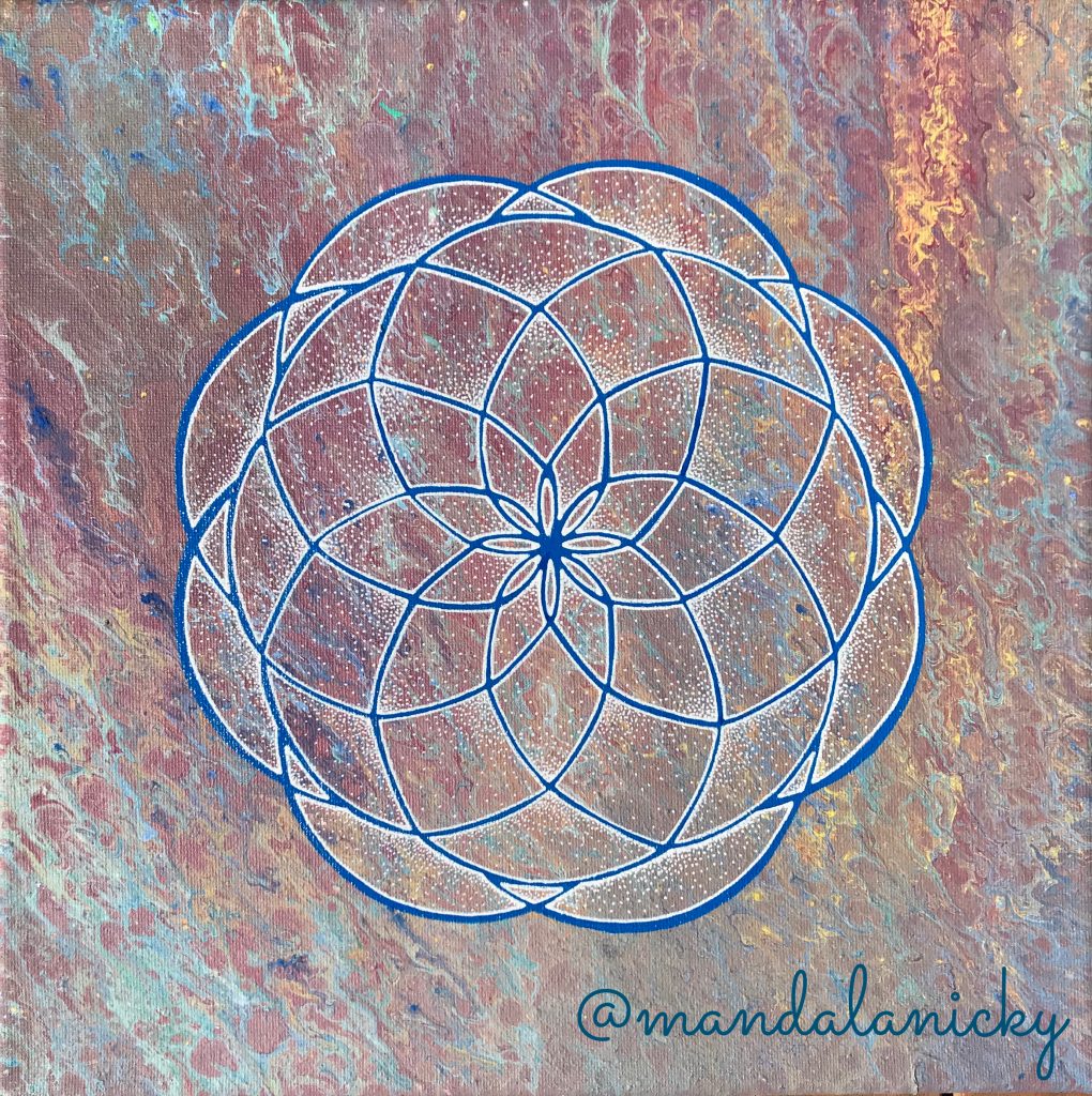 acrylic mandala painting on canvas in blue, red, yellow
