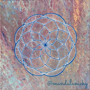 acrylic mandala painting on canvas in blue, red, yellow