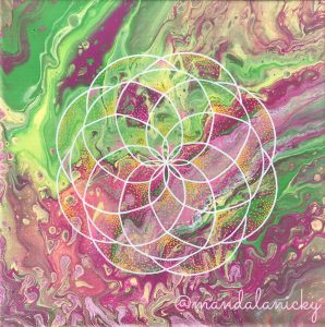 acrylic mandala painting on canvas in green and pink