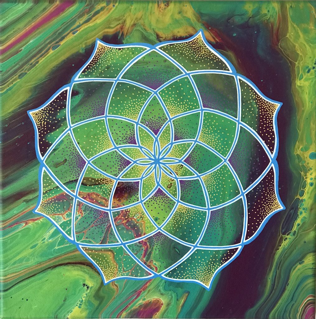 acrylic mandala painting on canvas in greep, purple and yellow