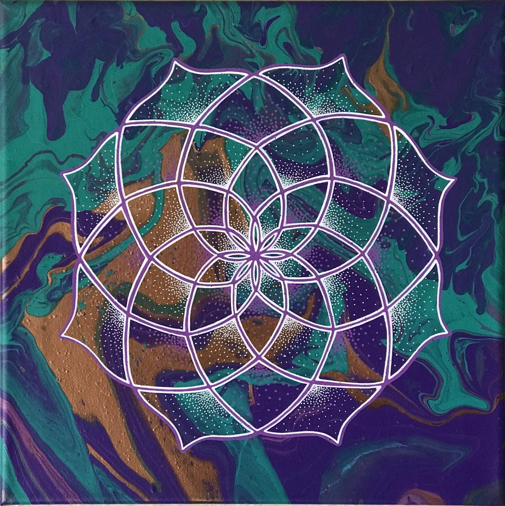 acrylic mandala painting on canvas in purple, green and copper