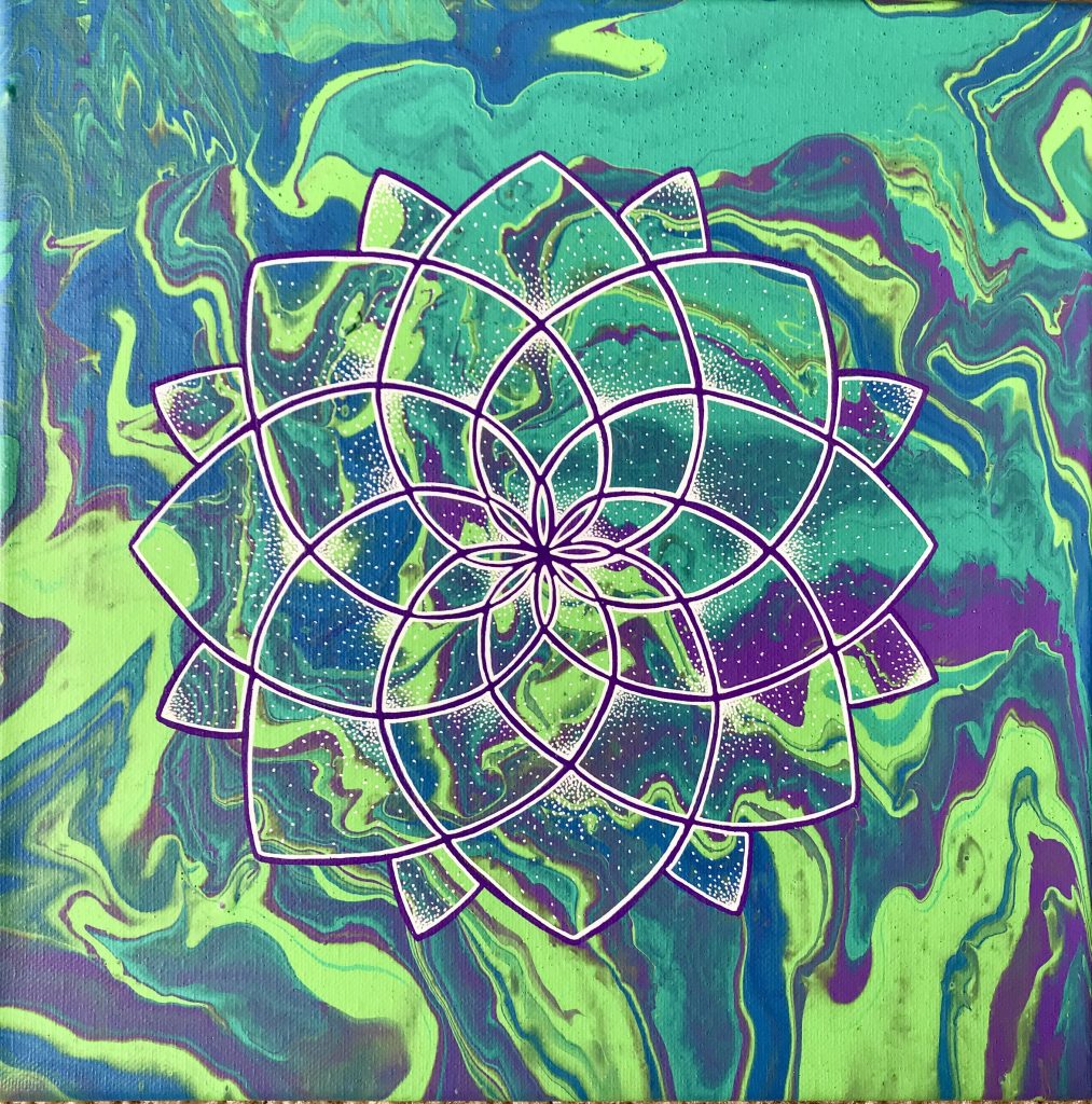 acrylic mandala painting on canvas in green, blue, purple