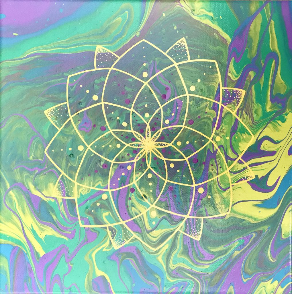 acrylic mandala painting on canvas in green, purple, yellow